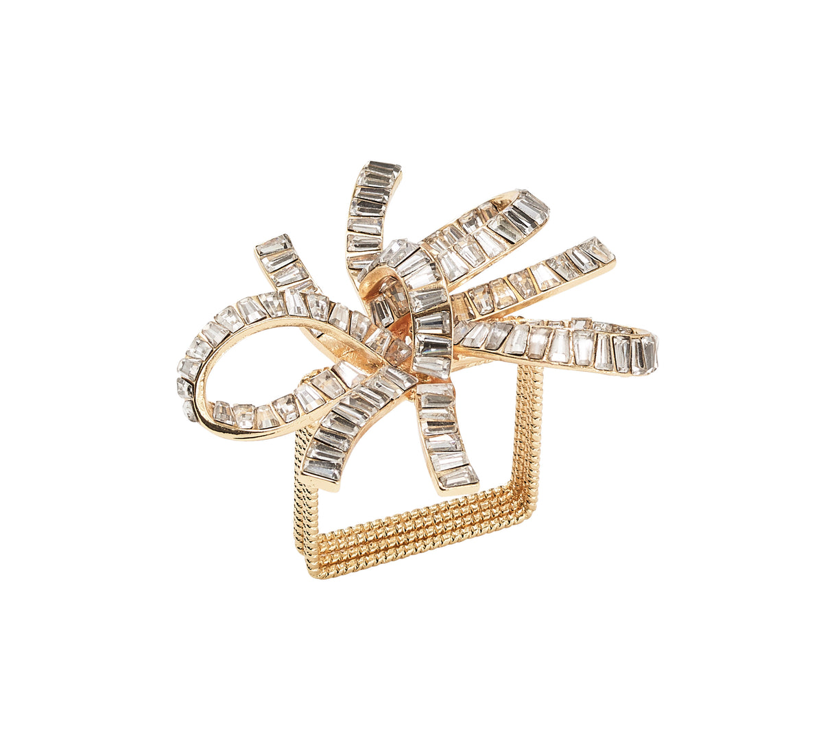 Angled view of jeweled bow napkin ring in gold showcasing baguette crystals and textured band on white background