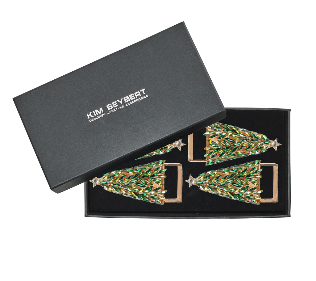 Bejeweled Xmas Napkin Ring in Red, Green & Gold, Set of 4 in a Gift Box