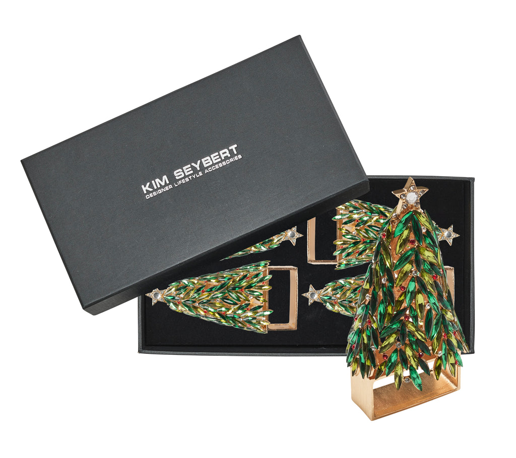Bejeweled Xmas Napkin Ring in Red, Green & Gold, Set of 4 in a Gift Box