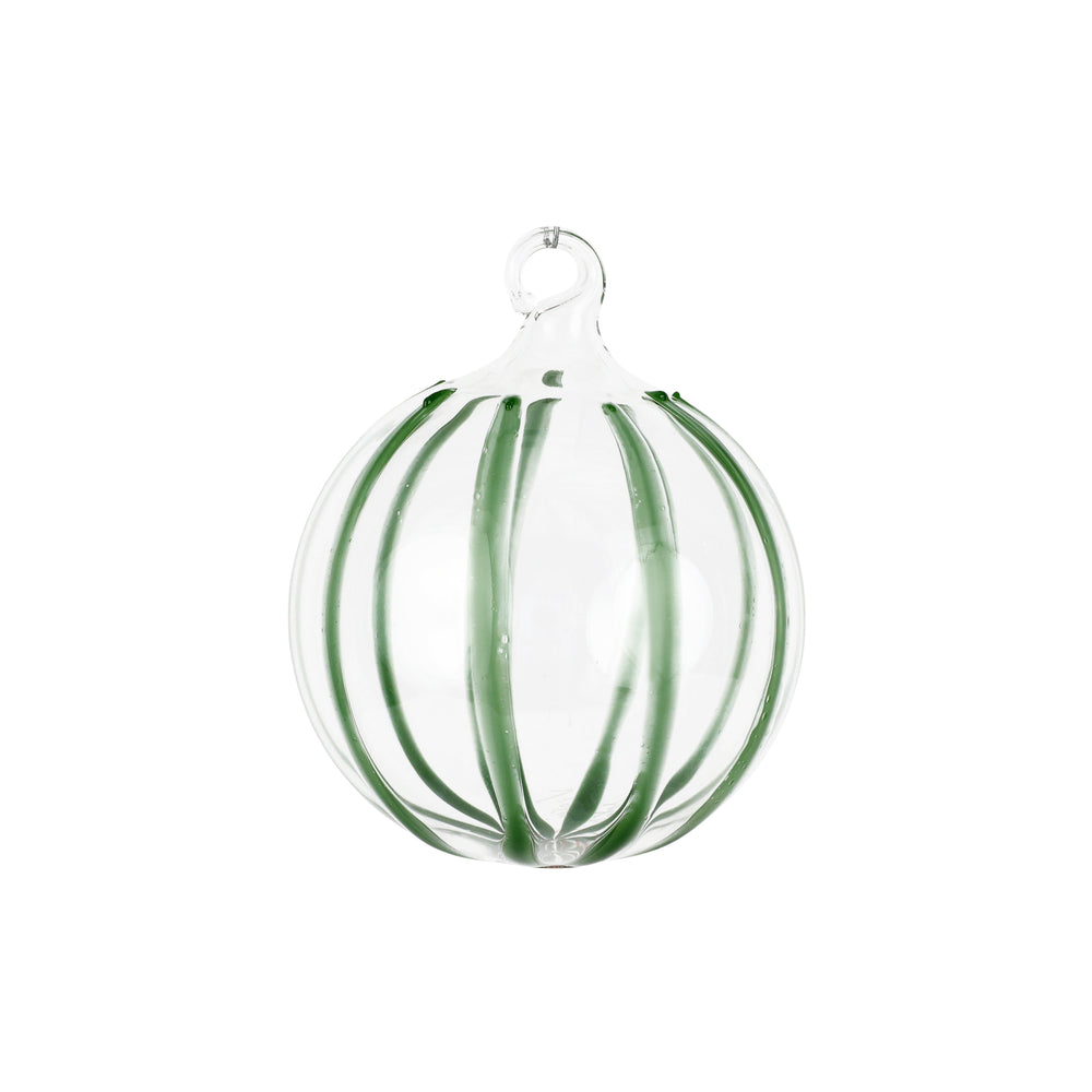 Front view of Nuovo Stripe glass ornament showcasing vertical green hand-painted stripes and hanging loop on white background
