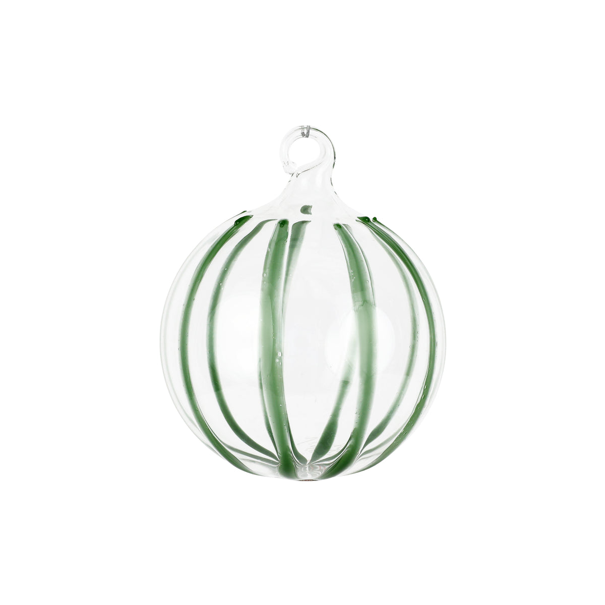 Front view of Nuovo Stripe glass ornament showcasing vertical green hand-painted stripes and hanging loop on white background