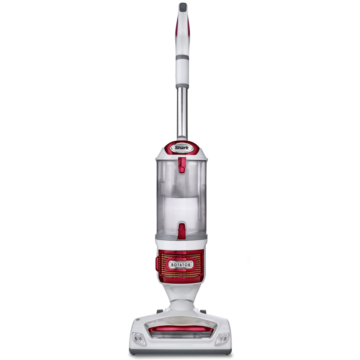 Front view of Rotator Professional Lift-Away Vacuum showcasing its red and white upright design and transparent dust cup