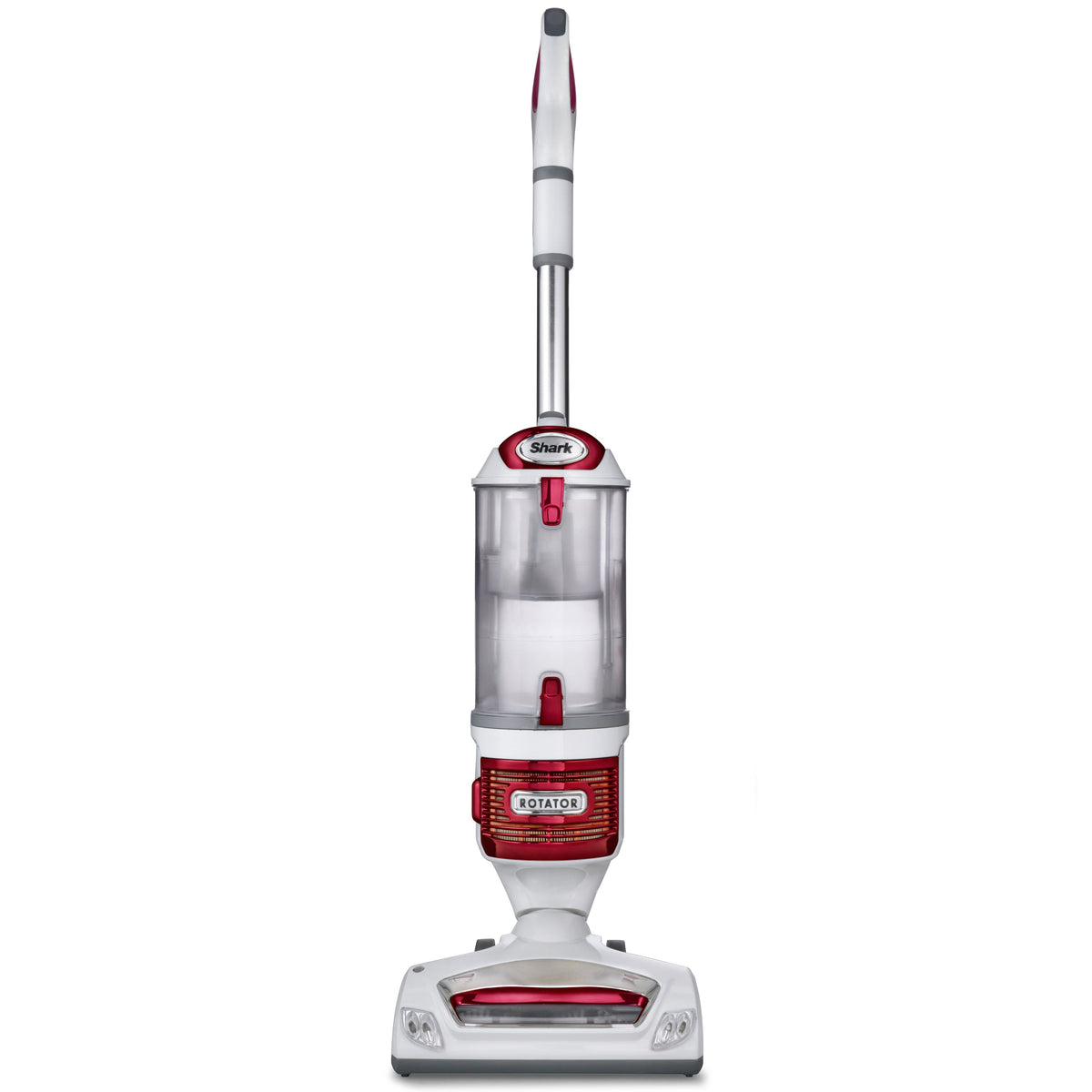 Front view of Rotator Professional Lift-Away Vacuum showcasing its red and white upright design with white background