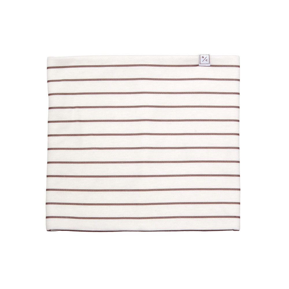 Kids and women's striped brown and white fleece neck warmer for boys and girls, made with soft, breathable fabric to keep necks warm during outdoor play, skiing, and winter snow activities