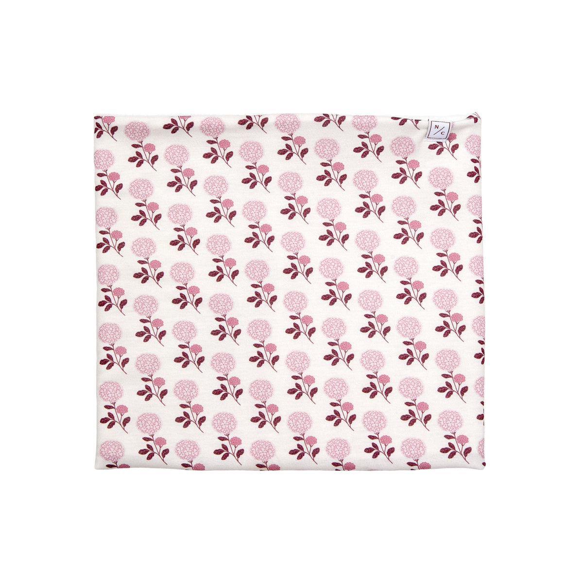 Front view of Women’s Pink Hydrangea Fleece-Lined Neck Warmer showcasing its repeating floral pattern on a white background