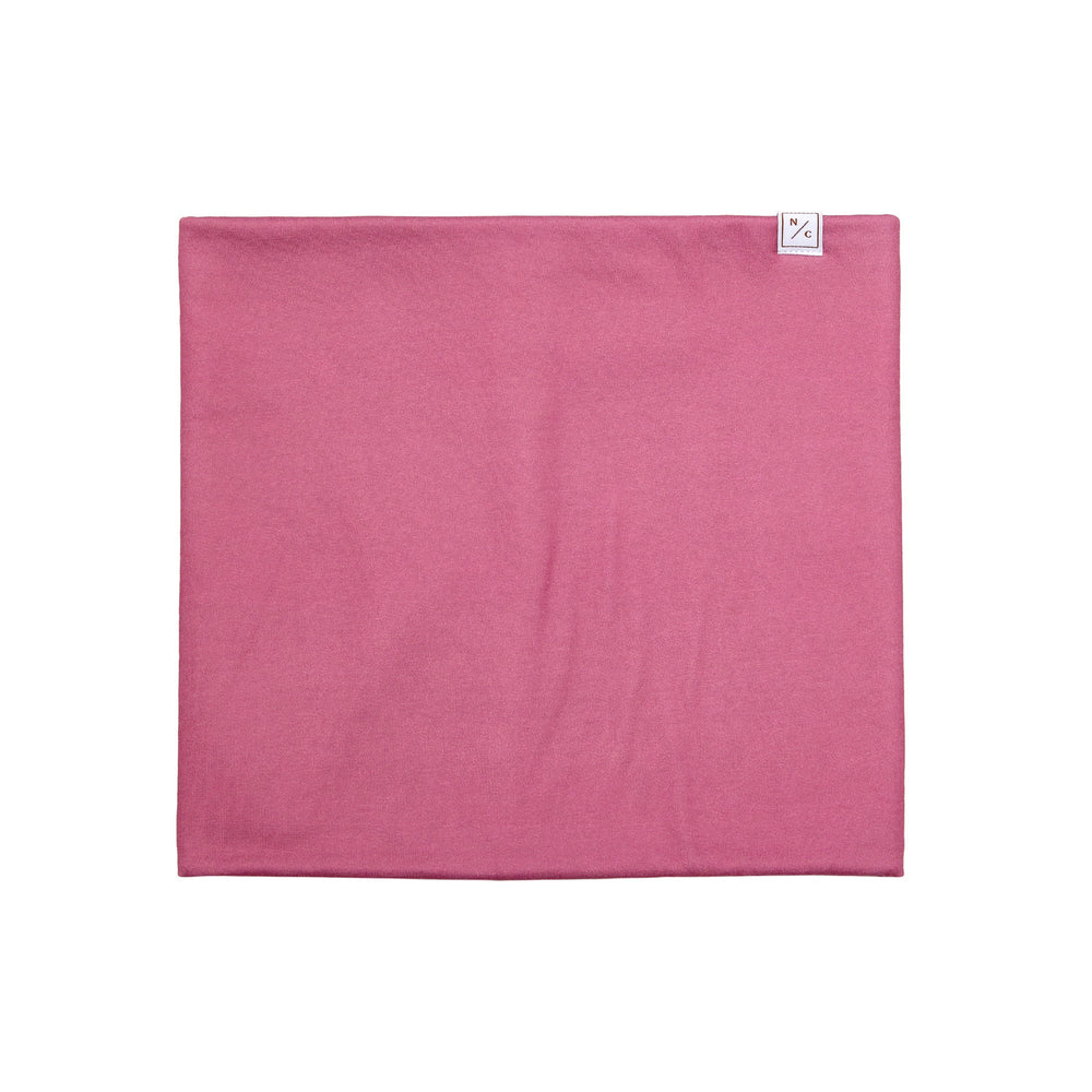 Flat lay of Rose Pink fleece-lined neck warmer showing ultra-soft microfleece lining on white background