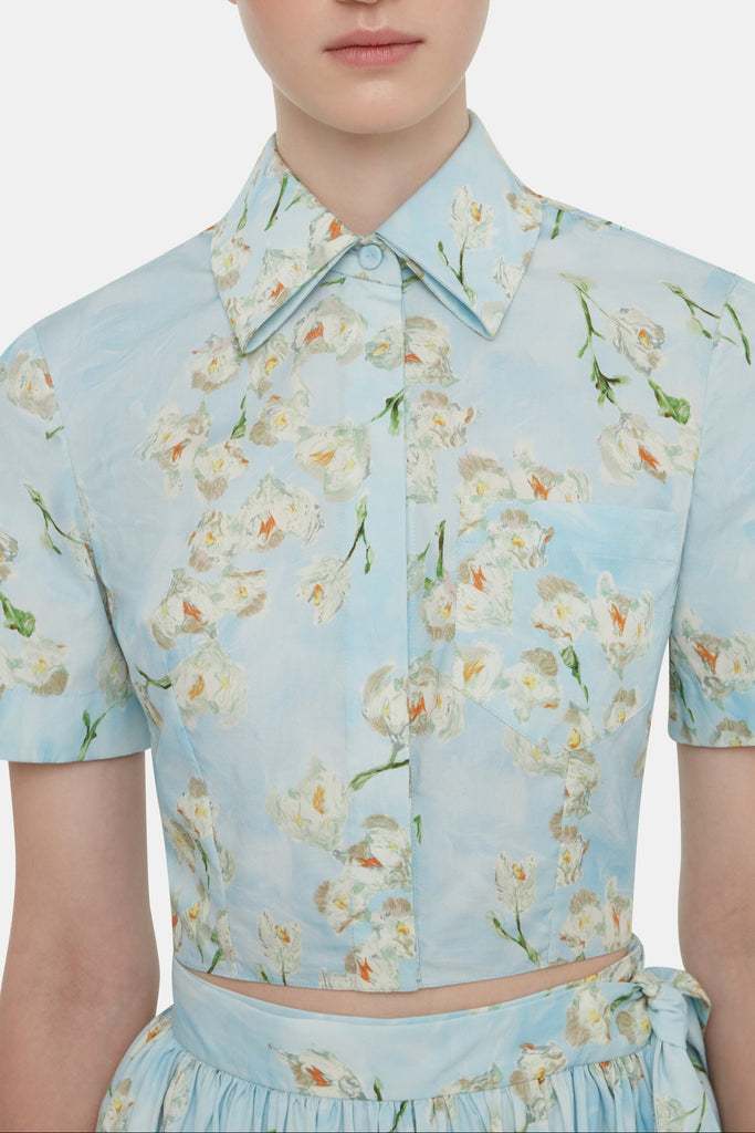 Natalie Cropped Shirt In Little Lillies On Blue Floral Print Cotton Poplin