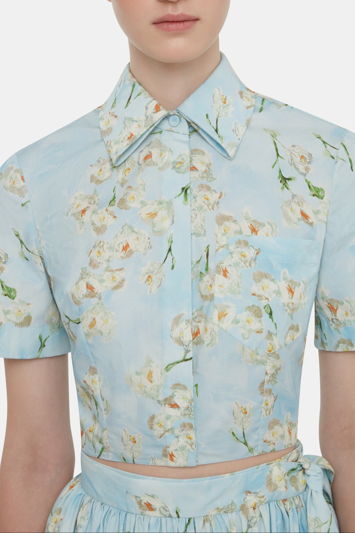 Natalie Cropped Shirt In Little Lillies On Blue Floral Print Cotton Poplin