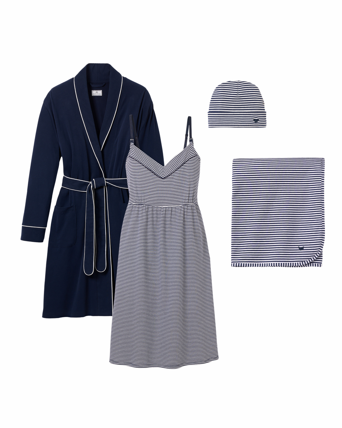 Front view of The Hospital Stay Luxe Set in Navy and Navy Stripe showcasing robe, nightgown, blanket, and hat on white background