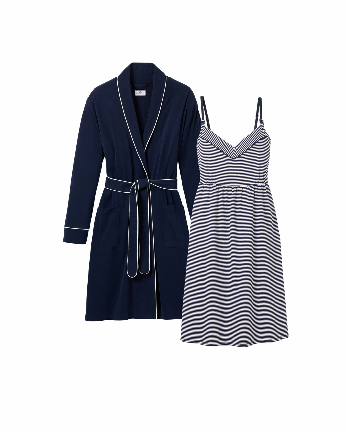 Front view of The Essential Maternity Set showcasing navy robe and navy stripe nightgown on a white background