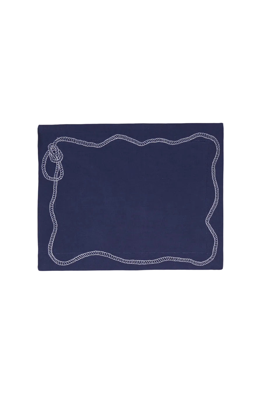 Top-down view of Bowline linen placemat in navy showcasing white embroidered rope border with bowline knot on white background