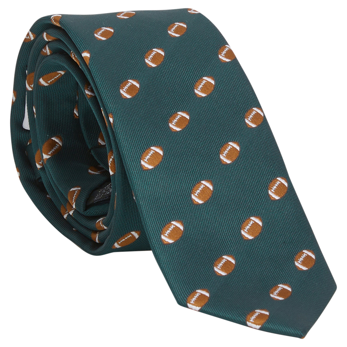 Little English traditional children's clothing.  Boy's hunter green patterned neck tie with footballs for formal occasions.