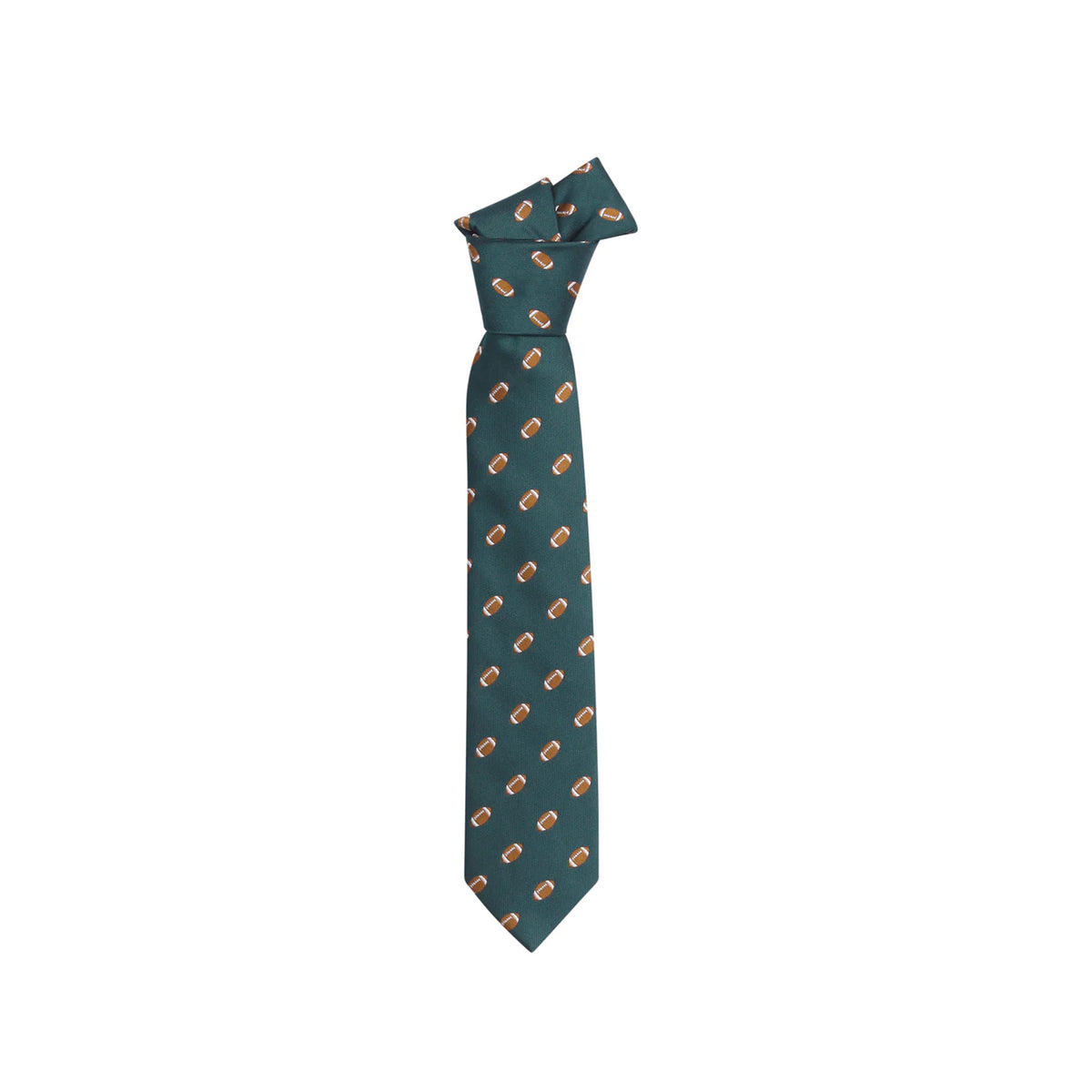 Front view of boy’s neck tie showcasing hunter green fabric with repeating brown football motif on white background