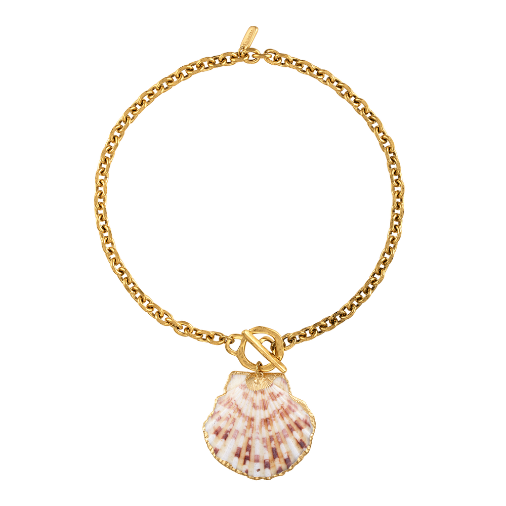 Front view of Solana Necklace showcasing gold vintage chain and gold-edged seashell pendant on white background