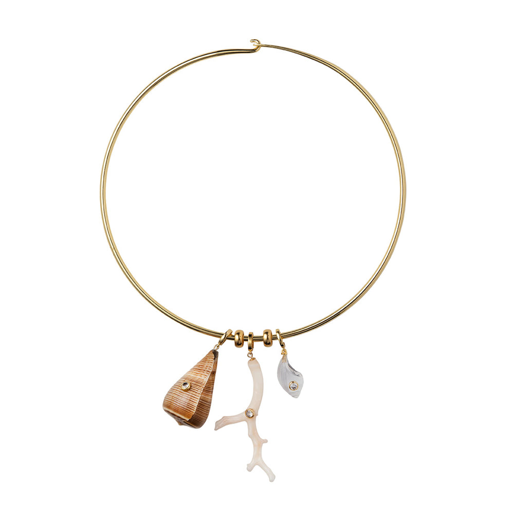 Front view of Briny Necklace with three detachable shell and resin pendants and cubic zirconia on gold-plated wire