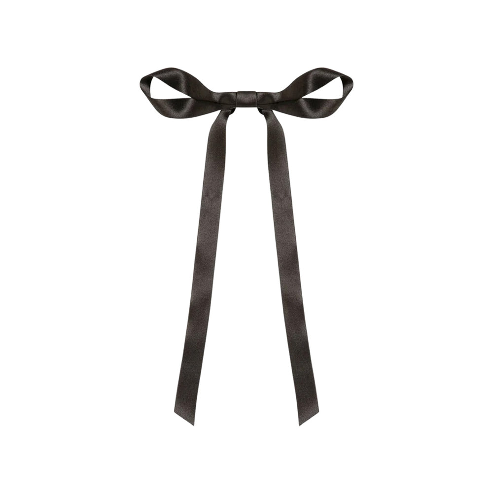 Front view of Gretta Bow Barrette in Black showcasing a hand crafted silk ribbon bow with long tails on white background