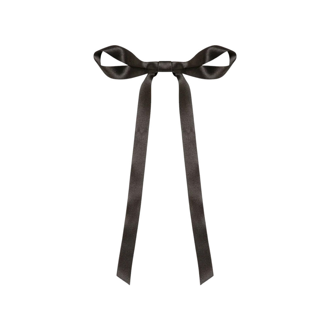 Front view of Gretta Bow Barrette in Black showcasing a hand crafted silk ribbon bow with long tails on white background