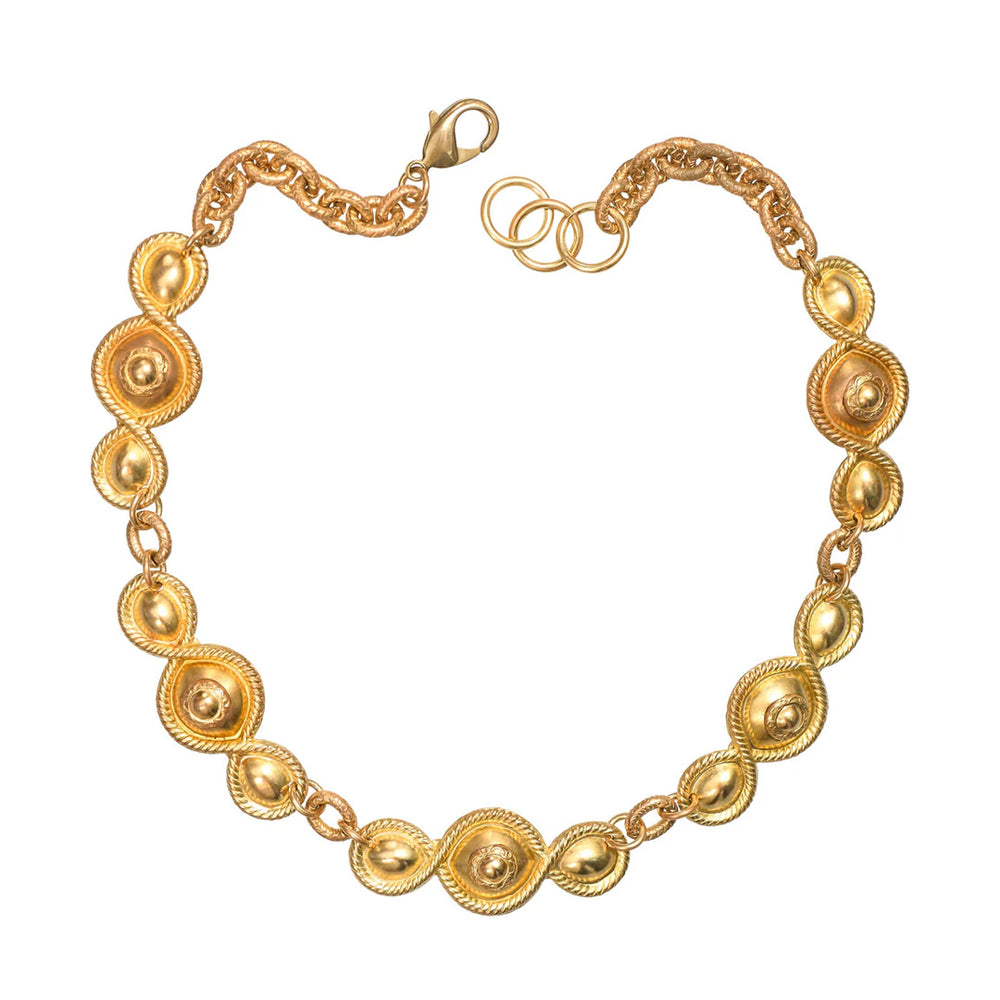 Front view of Maljo Collar necklace showcasing gold-tone brass medallion links with rope-edge detailing and lobster clasp on white background