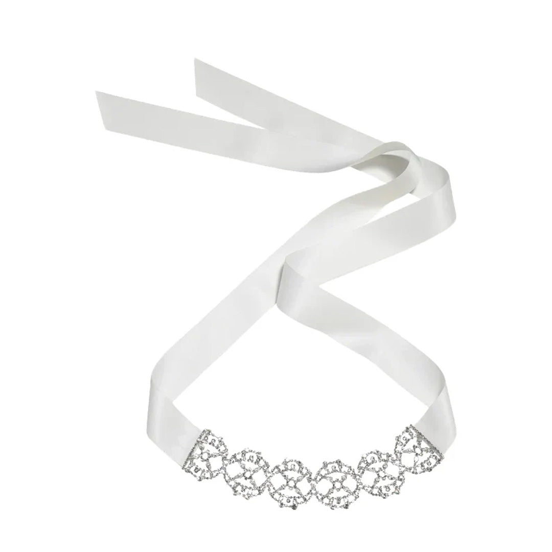 Angled view of Lavinia Ribbon Tie choker showcasing Austrian crystal mesh detail and silk ribbon ties on white background