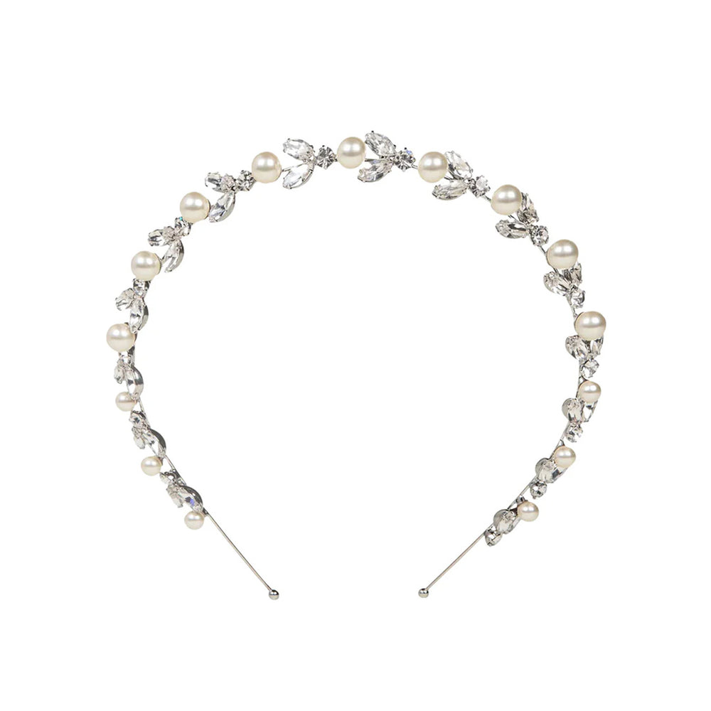 Front view of Kamila Headband in Crystal Pearl showcasing crystal flora, pearls, and wire headband
