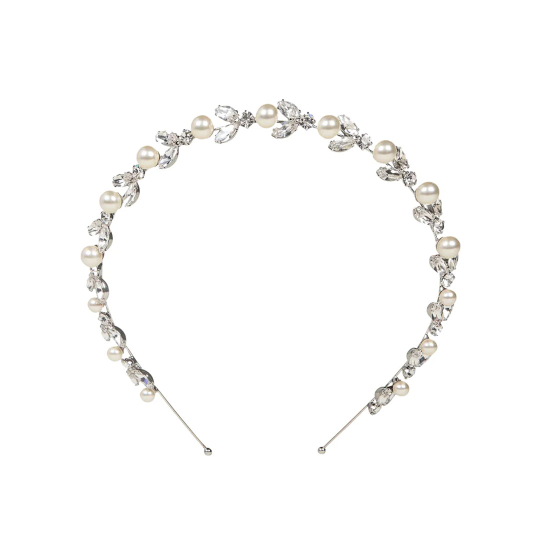 Front view of Kamila Headband in Crystal Pearl showcasing crystal flora, pearls, and wire headband