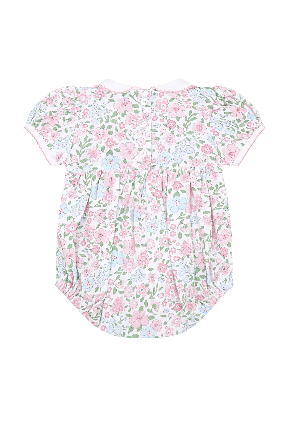 Back view of English Garden Smocked Bubble with floral print Peter Pan collar and gathered silhouette