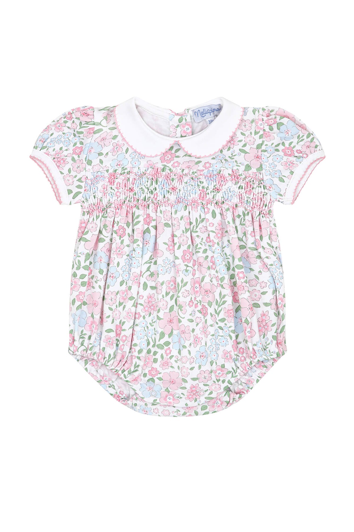 Front view of English Garden Smocked Bubble showcasing floral print, smocked bodice, and Peter Pan collar on white background