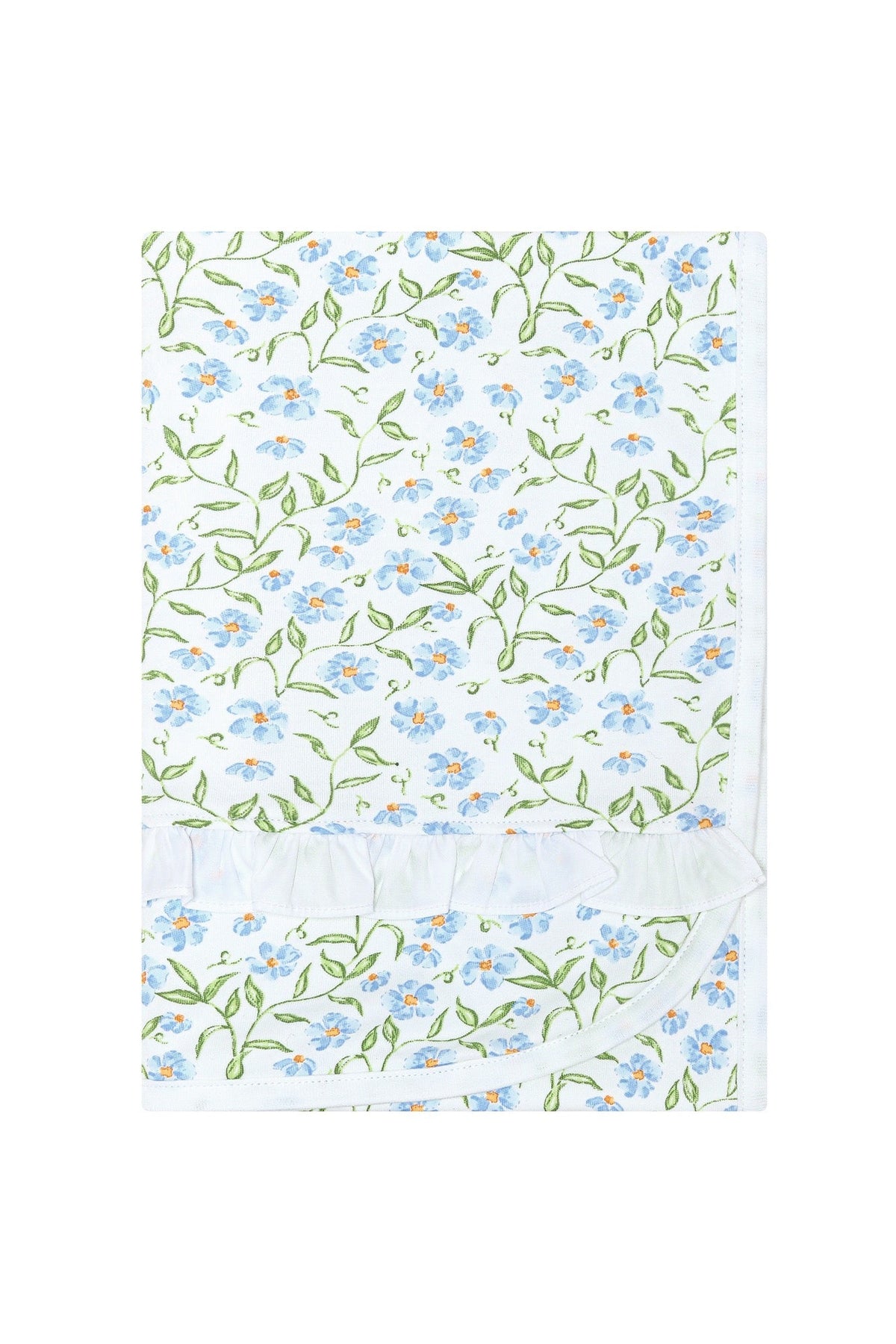 Front view of Blue Vines Print Blanket showcasing blue floral print and ruffled trim on a white background