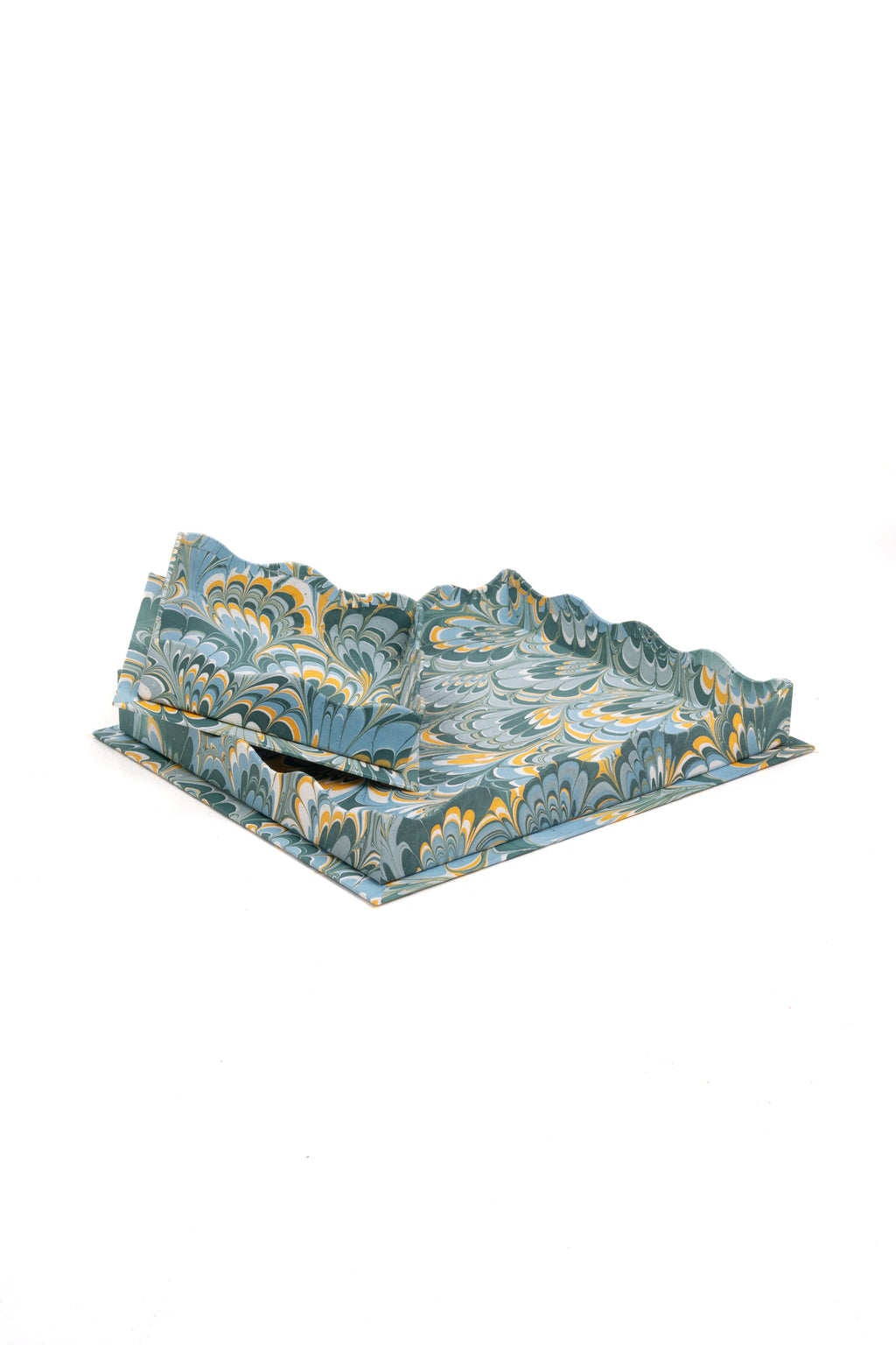 Nesting Scalloped Hand-Marbled Trays in Blue