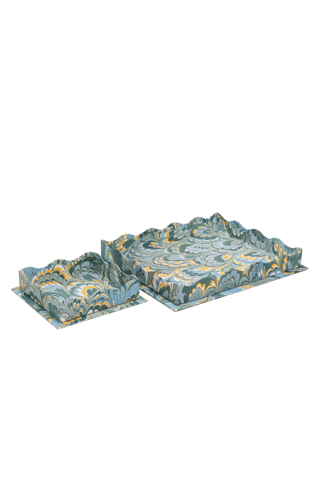 Nesting Scalloped Hand-Marbled Trays in Blue