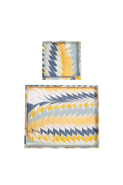 Nesting Scalloped Hand-Marbled Trays in Golden Blue | Over The Moon