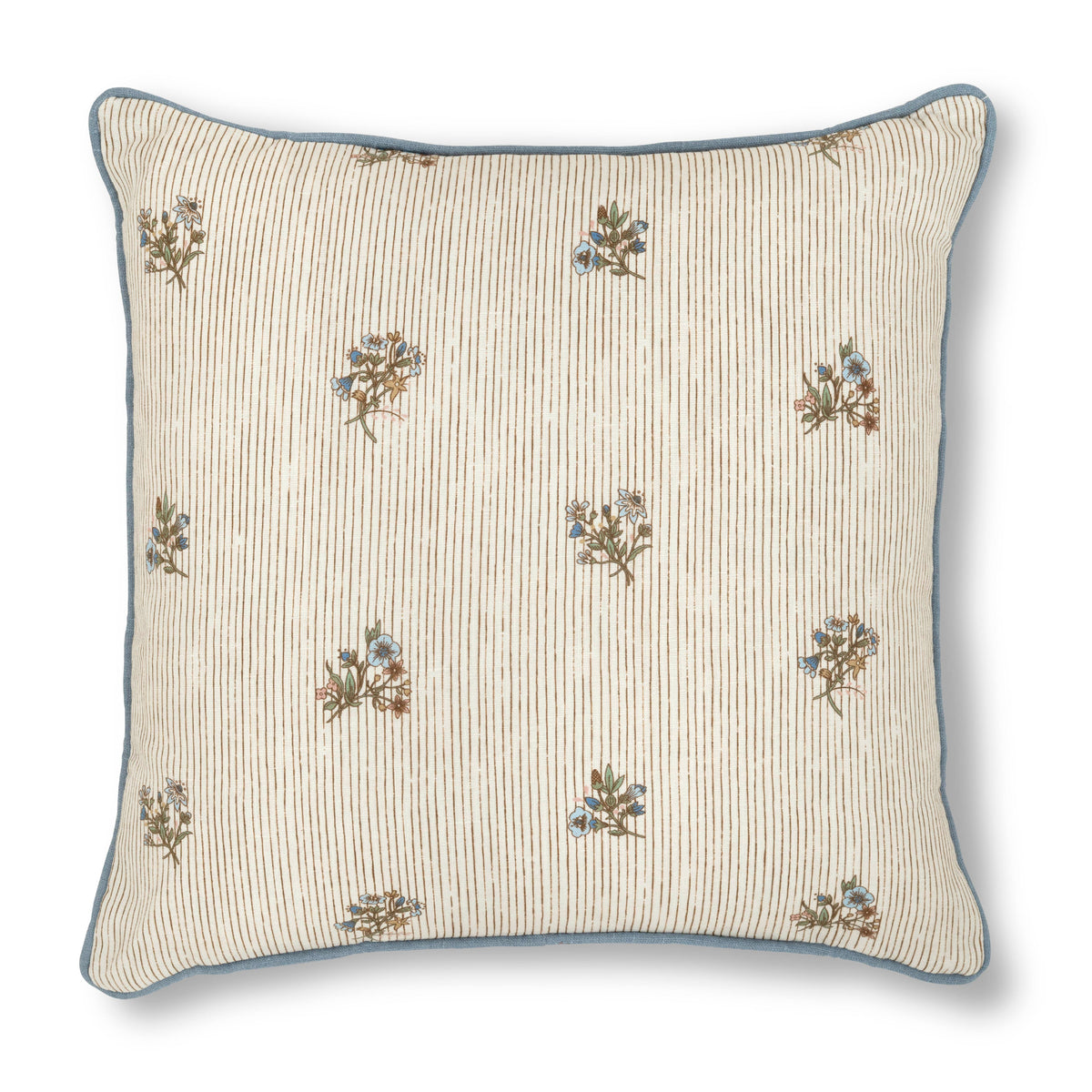 Close-up view of Flax & Field Posy Pinstripe Print Cushion showcasing floral pinstripe linen and Chambray Blue piping on a white background