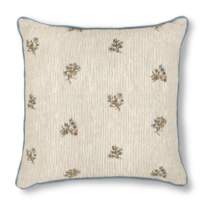 Flax & field posy pinstripe print cushion with chambray blue trim
