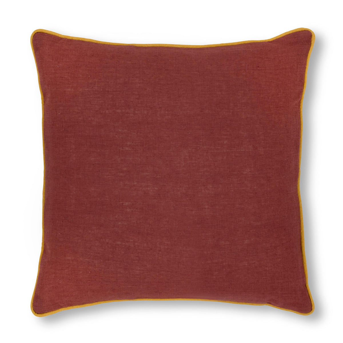 Front view of Marsala Cushion with Ochre Piping showcasing its plain weave and ochre piping on a white background