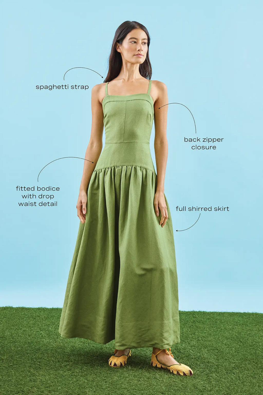 The Newberry Dress, spaghetti strap linen midi dress, in Glass Green with call outs.