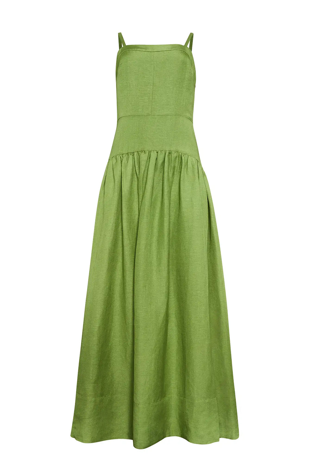 The Newberry Dress, spaghetti strap linen midi dress, in Glass Green.
