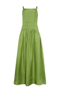 The Newberry Dress, spaghetti strap linen midi dress, in Glass Green.
