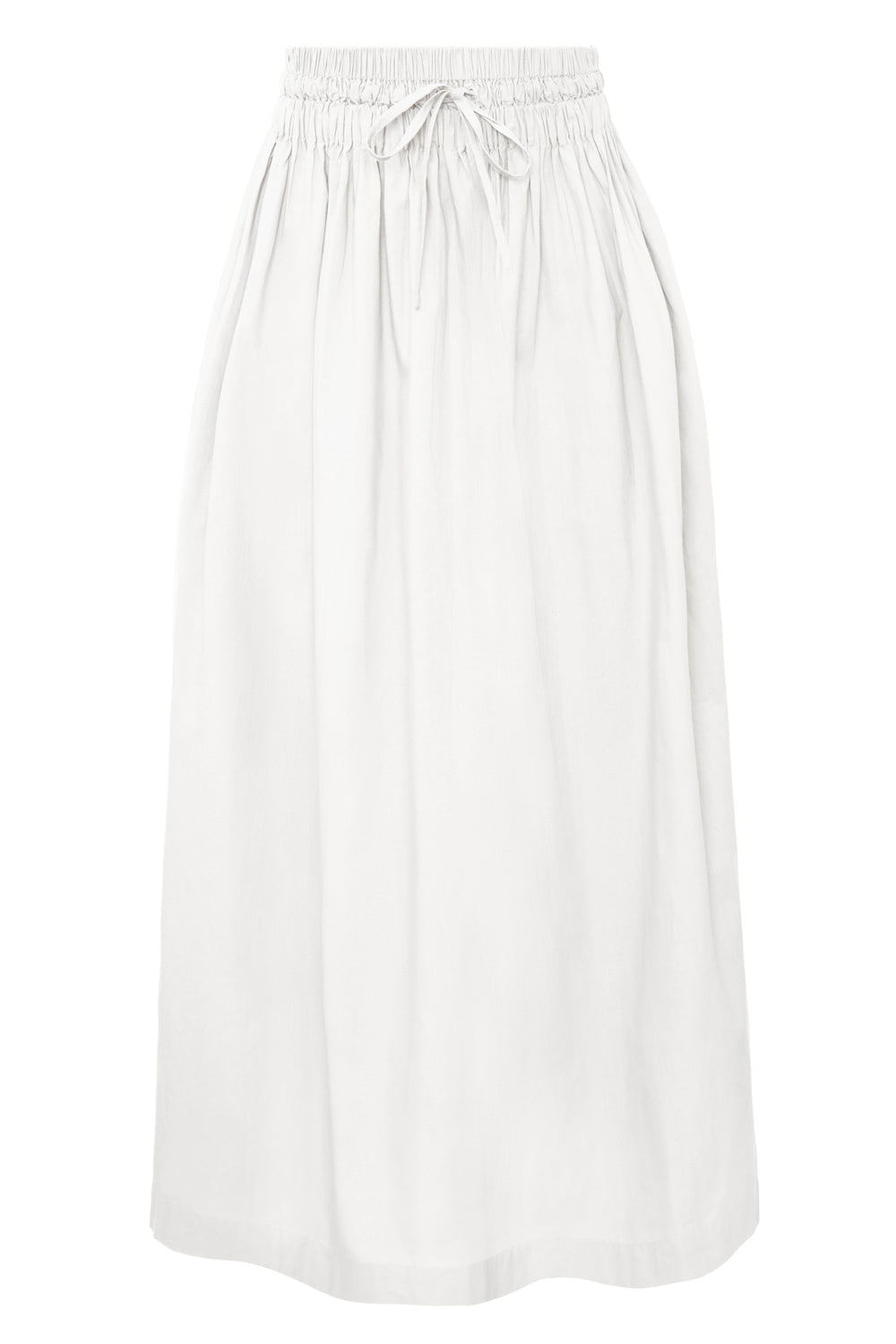 Front view of Newport skirt in white showing shirred elastic waist with drawstring and gathered maxi silhouette