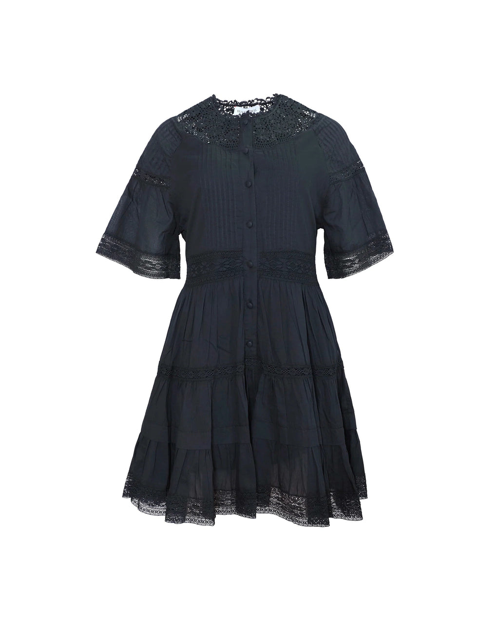 Front view of Newton Dress in Onyx showcasing lace yoke, pintucks, flutter sleeves, and tiered lace hem on white background