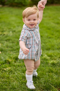 Little English traditional children's clothing.  Short sleeve peter pan bubble in brown, blue, and pink Wilmington Plaid for baby boys with button tabs and corduroy piping.
