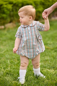 Little English traditional children's clothing.  Short sleeve peter pan bubble in brown, blue, and pink Wilmington Plaid for baby boys with button tabs and corduroy piping.