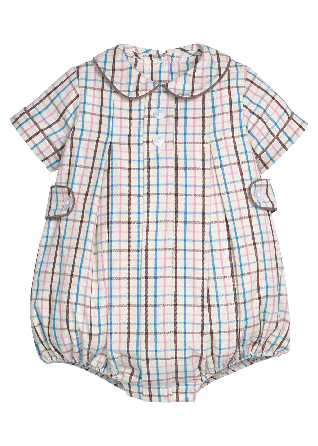 Little English traditional children's clothing.  Short sleeve peter pan bubble in brown, blue, and pink Wilmington Plaid for baby boys with button tabs and corduroy piping.