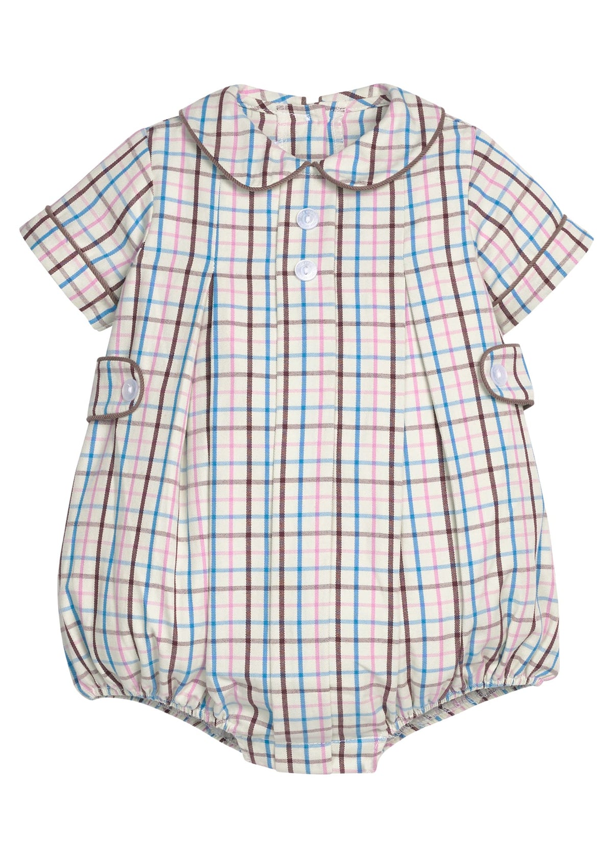 Little English traditional children's clothing.  Short sleeve peter pan bubble in brown, blue, and pink Wilmington Plaid for baby boys with button tabs and corduroy piping.