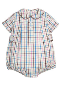 Little English traditional children's clothing.  Short sleeve peter pan bubble in brown, blue, and pink Wilmington Plaid for baby boys with button tabs and corduroy piping.