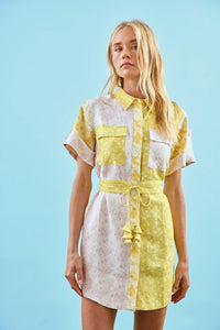The Nicole Dress in Marble Mix with self-tie belt and fabric bell ends.