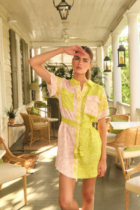 The Nicole Dress in Marble Mix with self-tie belt and fabric bell ends.