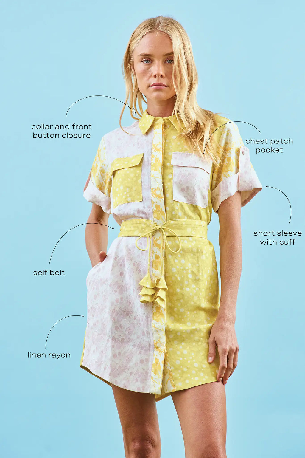 The Nicole Dress in Marble Mix with self-tie belt and fabric bell ends with call outs.