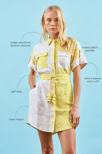The Nicole Dress in Marble Mix with self-tie belt and fabric bell ends with call outs.