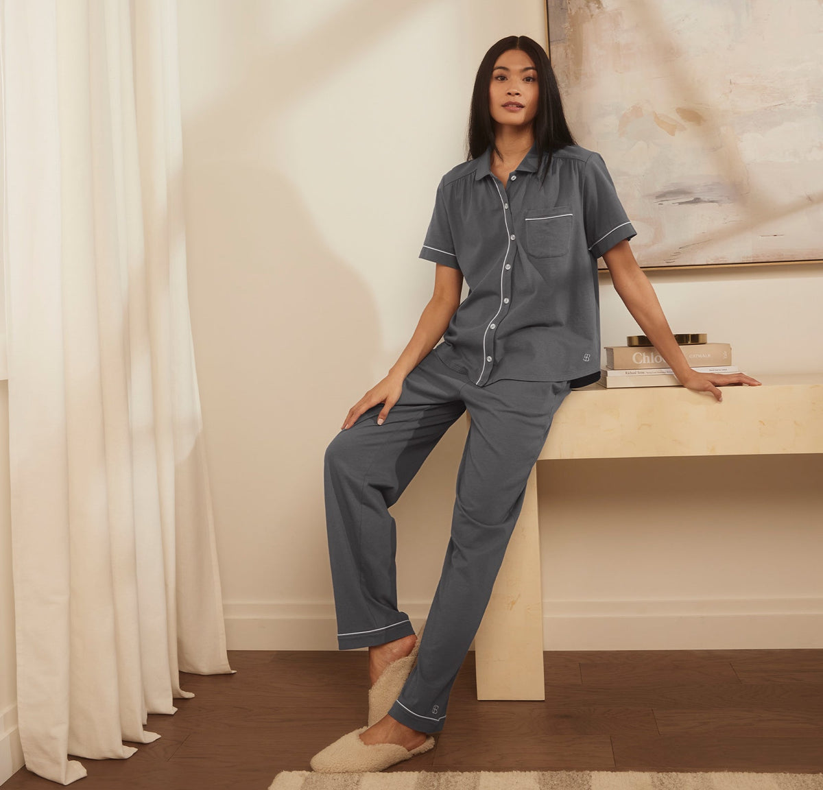 Women's Soft Knit Short Sleeve & Pants Pajama Set in Night