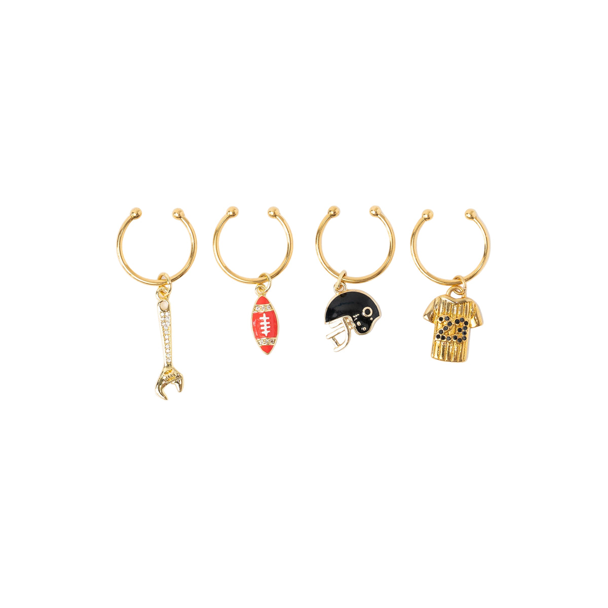 Front view of Dad wine charm set showing gold-plated enamel wrench, football, helmet and jersey on white background